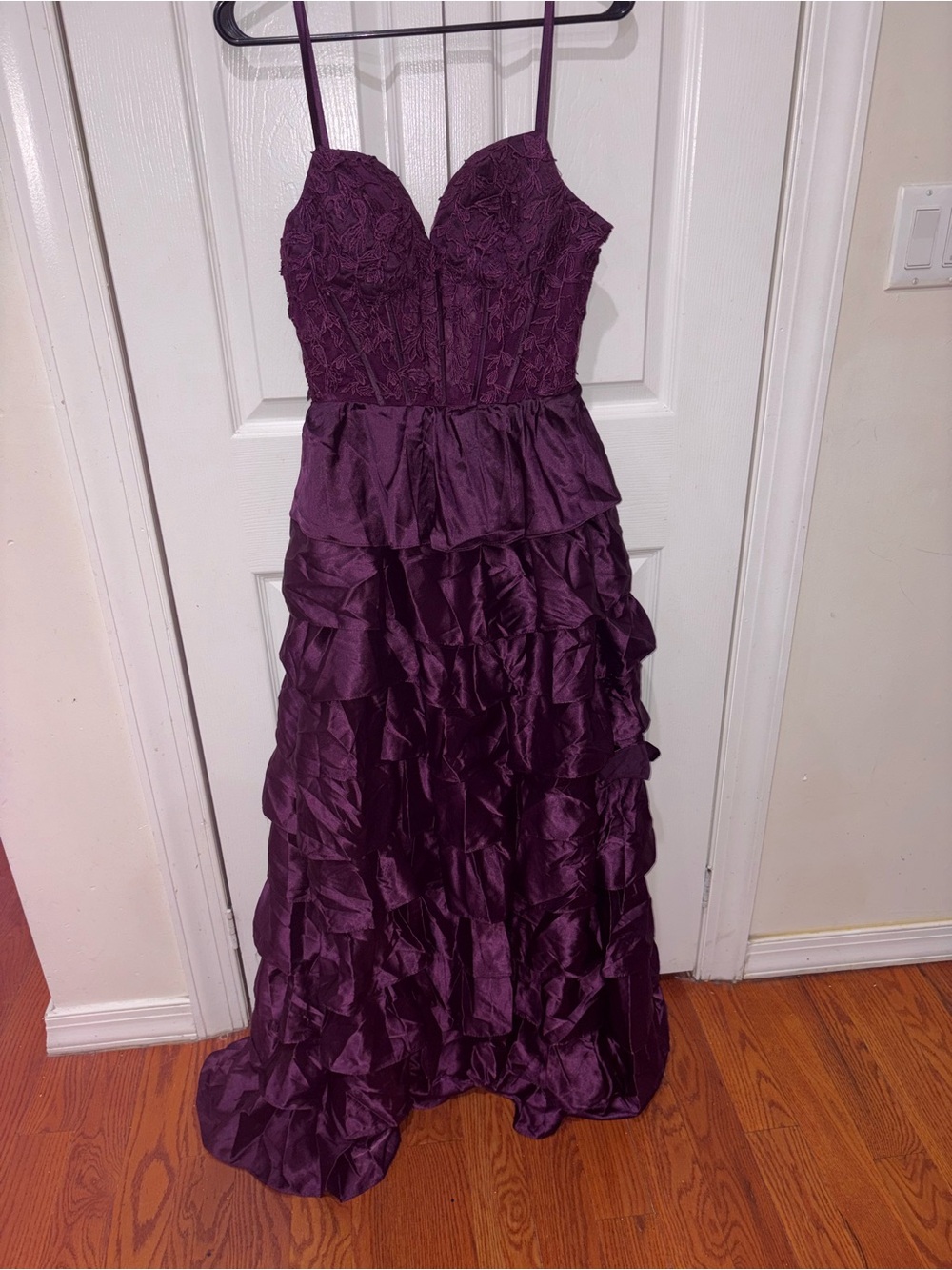 Strapless Plum Ruffled Ball Gown - Picture 2 of 3